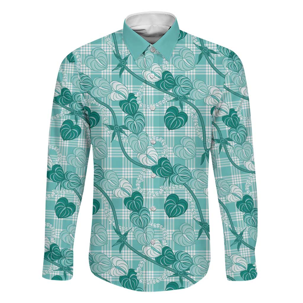 Anthurium Pikake Ti Leaf Palaka Family Matching Off The Shoulder Long Sleeve Dress and Hawaiian Shirt Turquoise Version