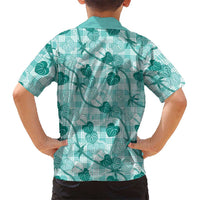 Anthurium Pikake Ti Leaf Palaka Family Matching Off Shoulder Maxi Dress and Hawaiian Shirt Turquoise Version