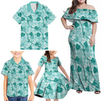 Anthurium Pikake Ti Leaf Palaka Family Matching Off Shoulder Maxi Dress and Hawaiian Shirt Turquoise Version