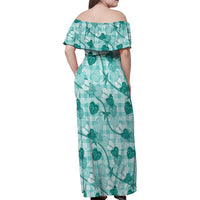 Anthurium Pikake Ti Leaf Palaka Family Matching Off Shoulder Maxi Dress and Hawaiian Shirt Turquoise Version