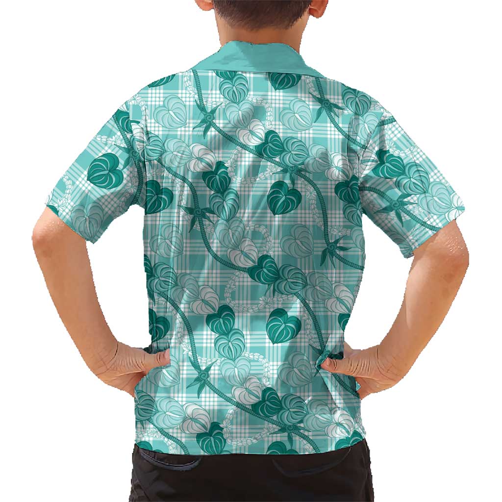 Anthurium Pikake Ti Leaf Palaka Family Matching Puletasi and Hawaiian Shirt Turquoise Version