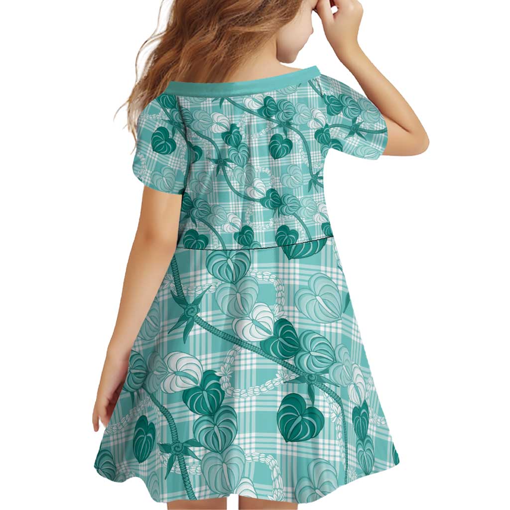 Anthurium Pikake Ti Leaf Palaka Family Matching Puletasi and Hawaiian Shirt Turquoise Version