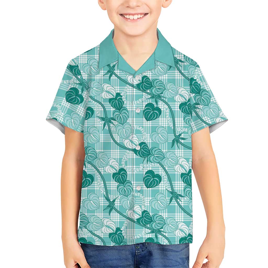 Anthurium Pikake Ti Leaf Palaka Family Matching Puletasi and Hawaiian Shirt Turquoise Version
