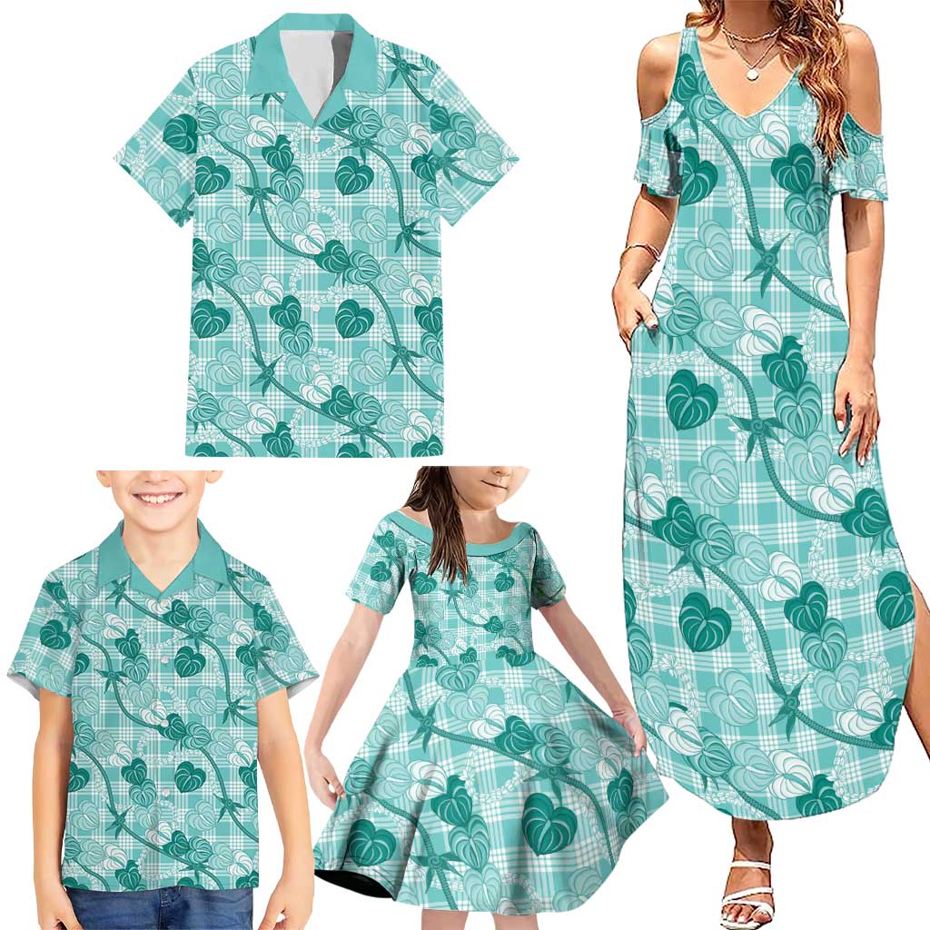 Anthurium Pikake Ti Leaf Palaka Family Matching Summer Maxi Dress and Hawaiian Shirt Turquoise Version