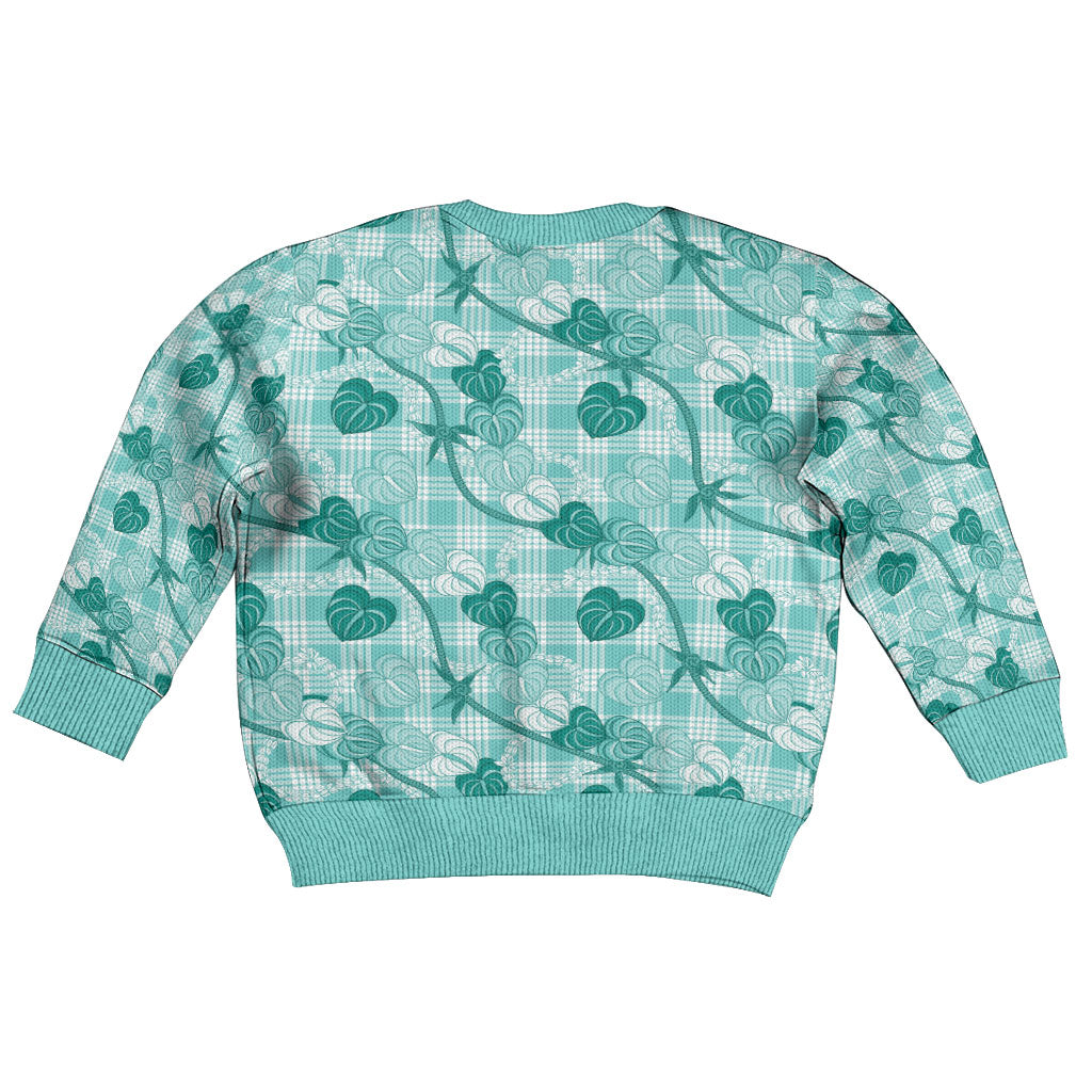 Anthurium Pikake Ti Leaf Palaka Kid Ugly Christmas Sweater Turquoise Version LT01 - Polynesian Pride