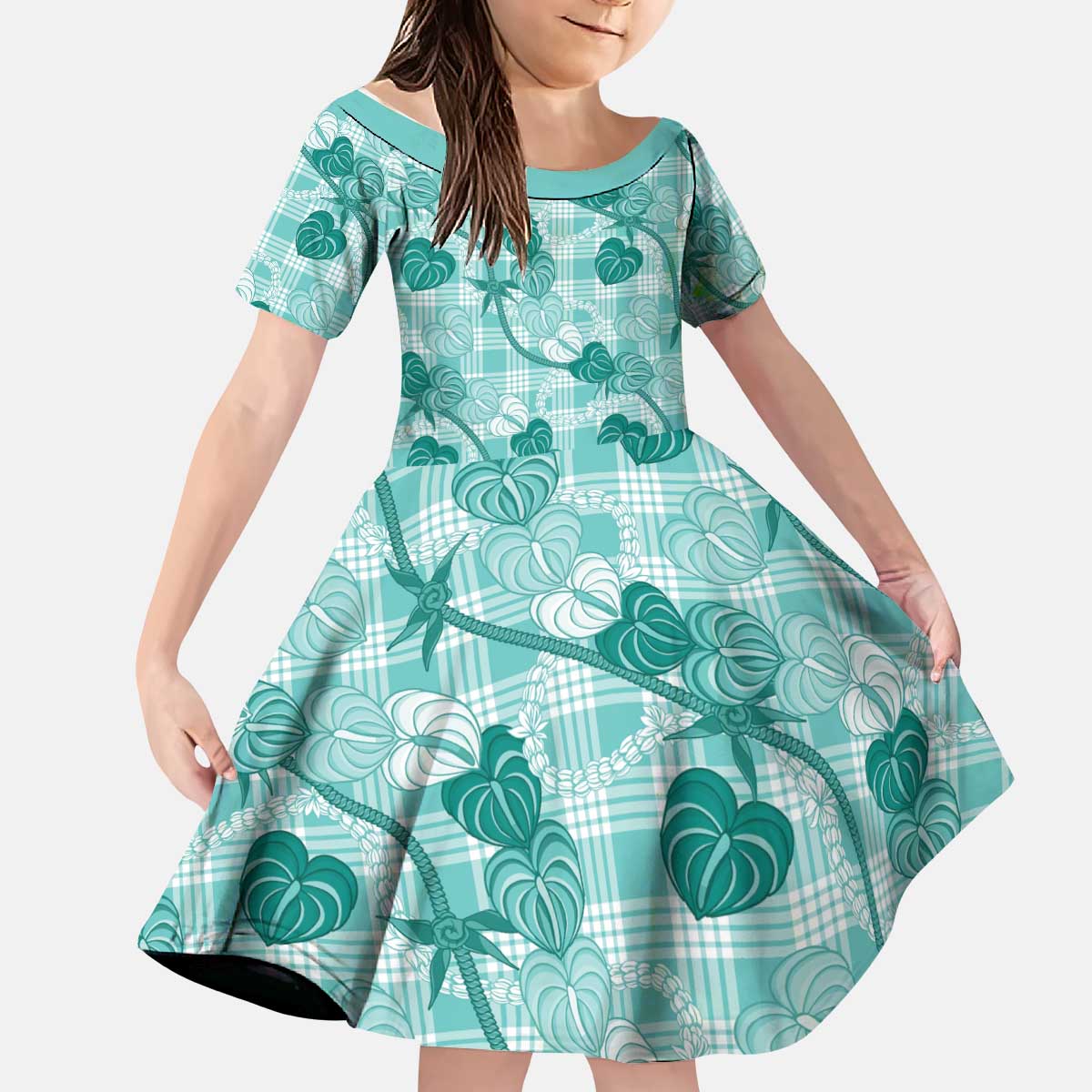 Anthurium Pikake Ti Leaf Palaka Kid Short Sleeve Dress Turquoise Version