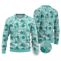Anthurium Pikake Ti Leaf Palaka Ugly Christmas Sweater Turquoise Version LT01 Turquoise - Polynesian Pride