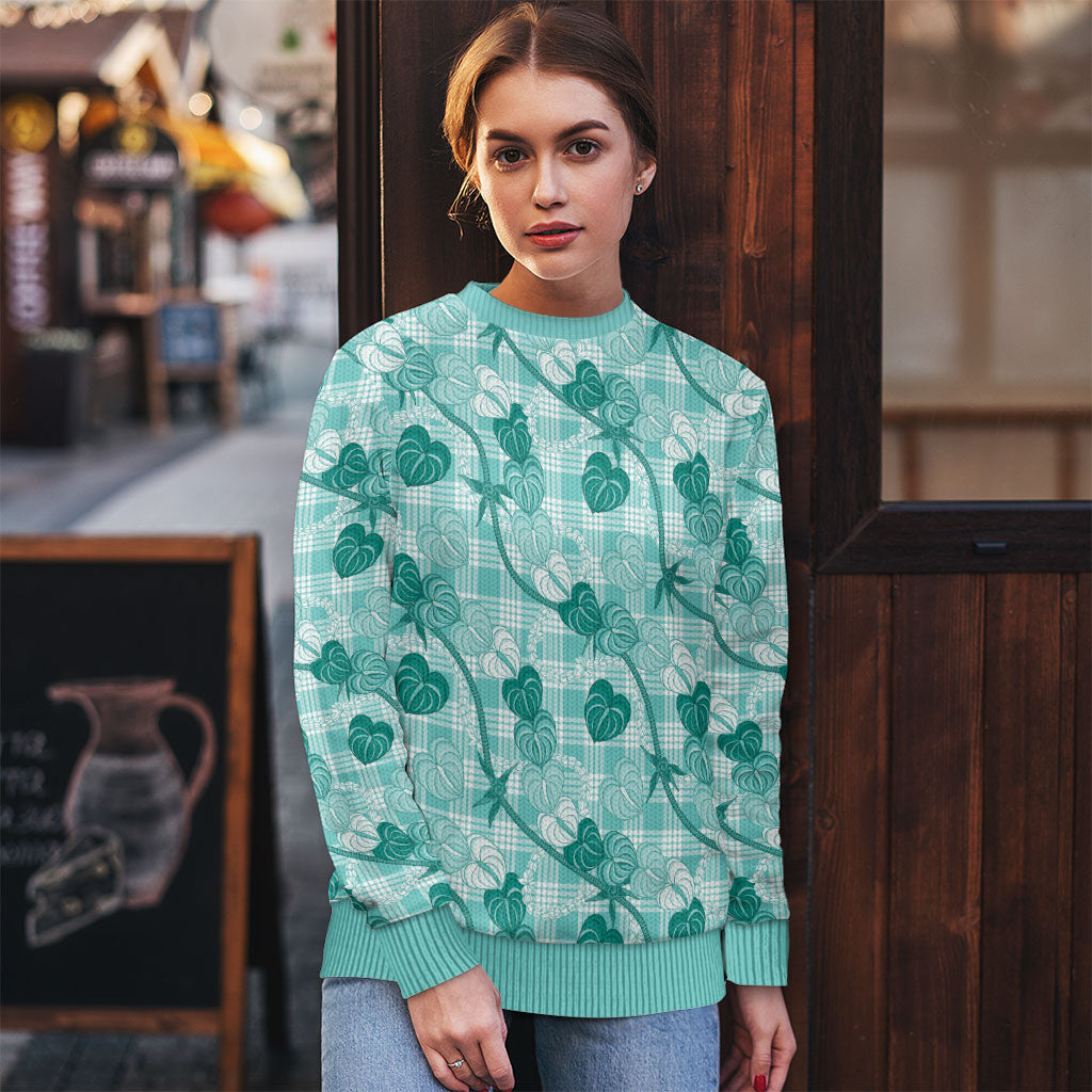 Anthurium Pikake Ti Leaf Palaka Ugly Christmas Sweater Turquoise Version LT01 - Polynesian Pride