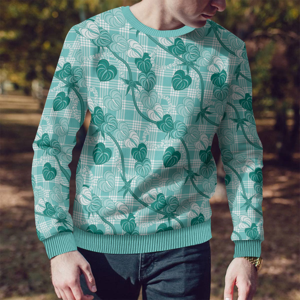 Anthurium Pikake Ti Leaf Palaka Ugly Christmas Sweater Turquoise Version LT01 - Polynesian Pride
