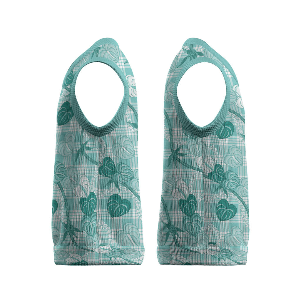 Anthurium Pikake Ti Leaf Palaka Christmas Knitted V-Neck Vest Turquoise Version LT01 - Polynesian Pride