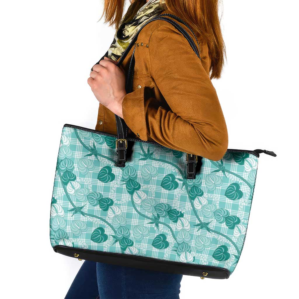 Anthurium Pikake Ti Leaf Palaka Leather Tote Bag Turquoise Version