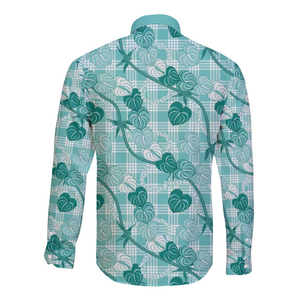 Anthurium Pikake Ti Leaf Palaka Long Sleeve Button Shirt Turquoise Version