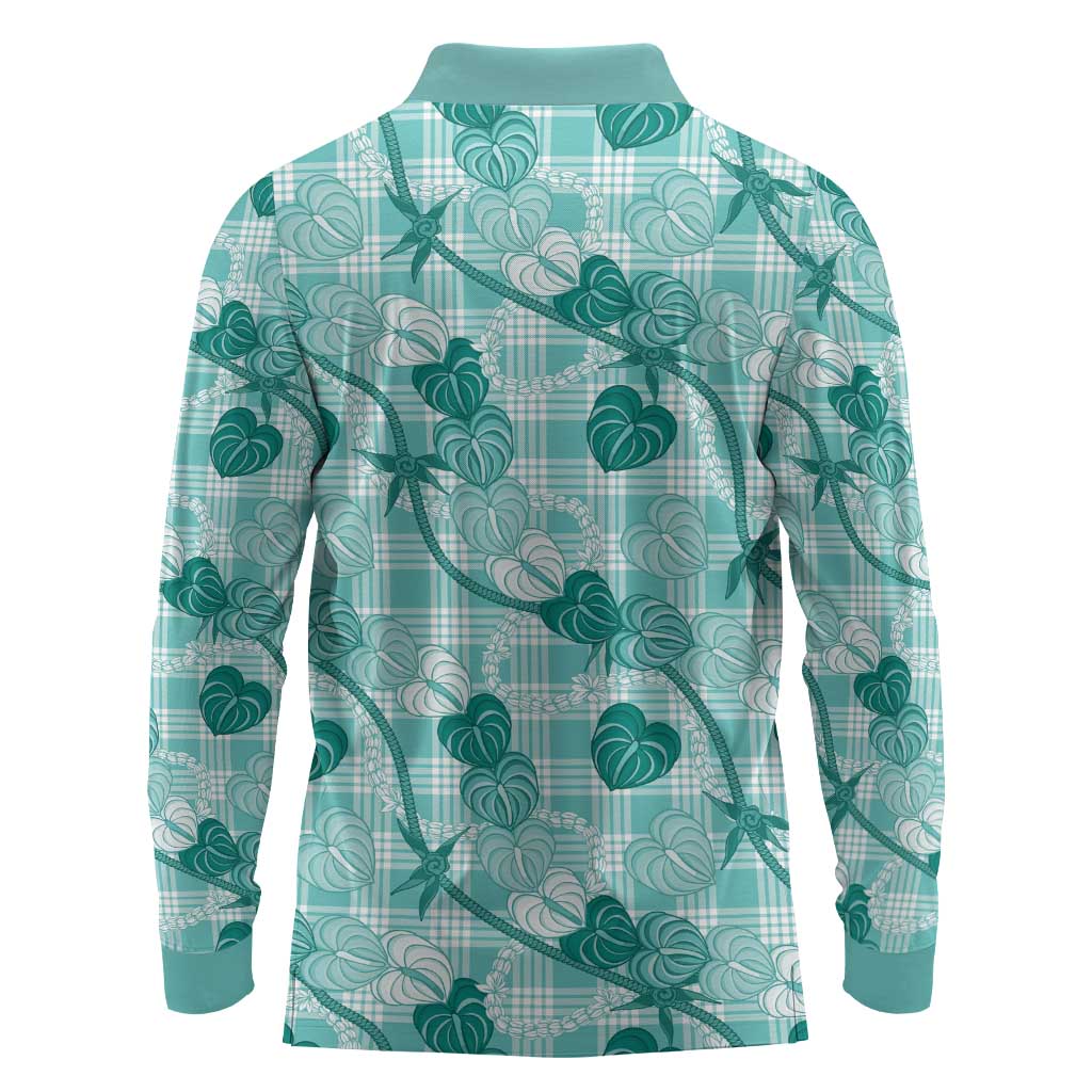 Anthurium Pikake Ti Leaf Palaka Long Sleeve Polo Shirt Turquoise Version
