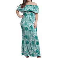 Anthurium Pikake Ti Leaf Palaka Off Shoulder Maxi Dress Turquoise Version