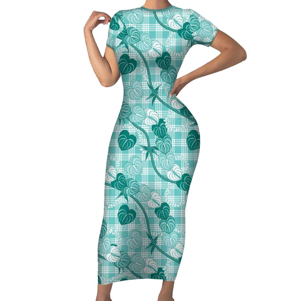 Anthurium Pikake Ti Leaf Palaka Short Sleeve Bodycon Dress Turquoise Version
