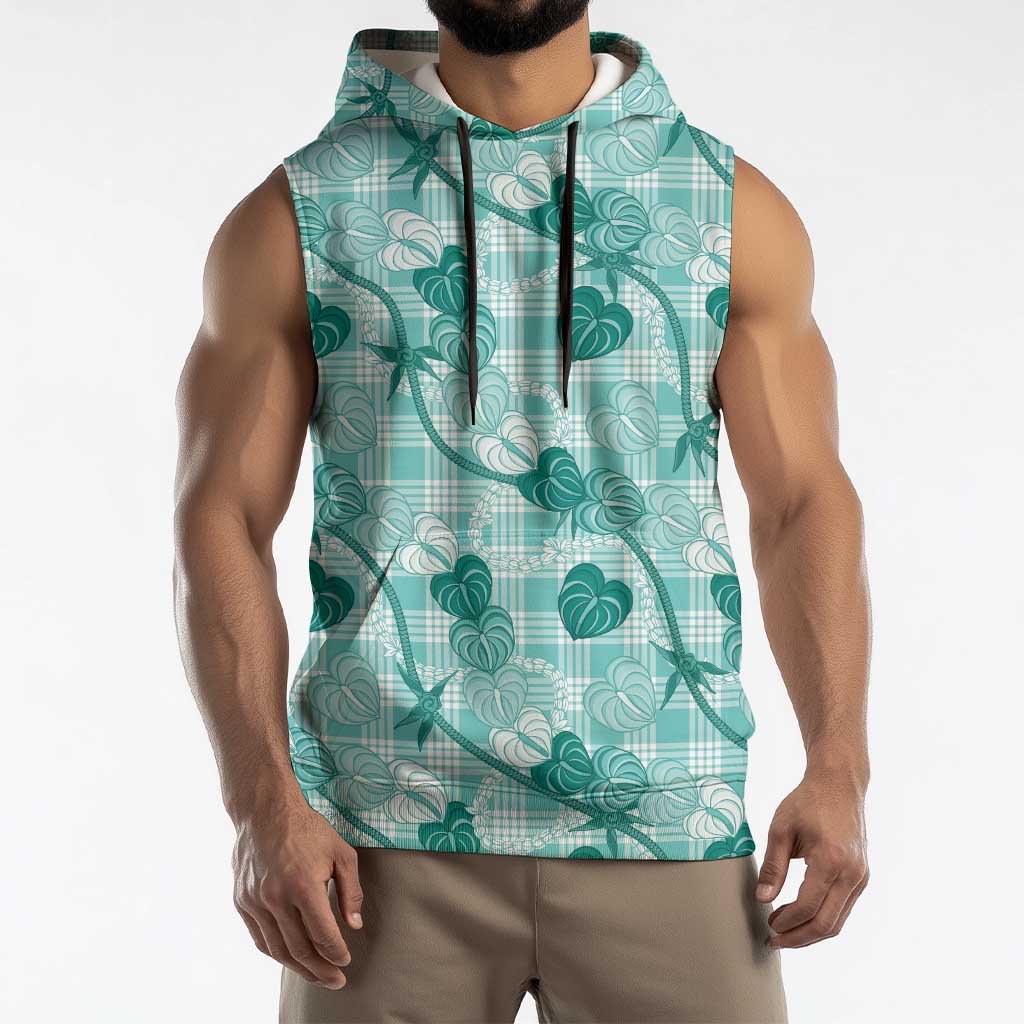 Anthurium Pikake Ti Leaf Palaka Sleeveless Hoodie Turquoise Version
