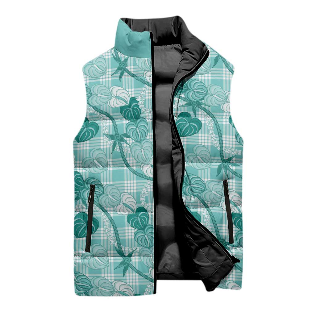Anthurium Pikake Ti Leaf Palaka Sleeveless Puffer Jacket Turquoise Version