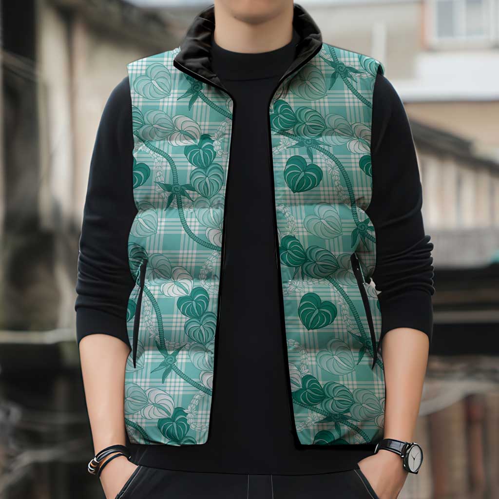 Anthurium Pikake Ti Leaf Palaka Sleeveless Puffer Jacket Turquoise Version