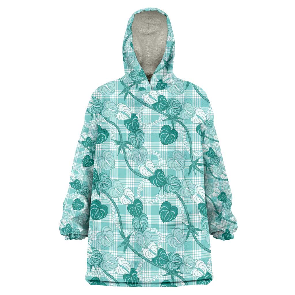 Anthurium Pikake Ti Leaf Palaka Wearable Blanket Hoodie Turquoise Version