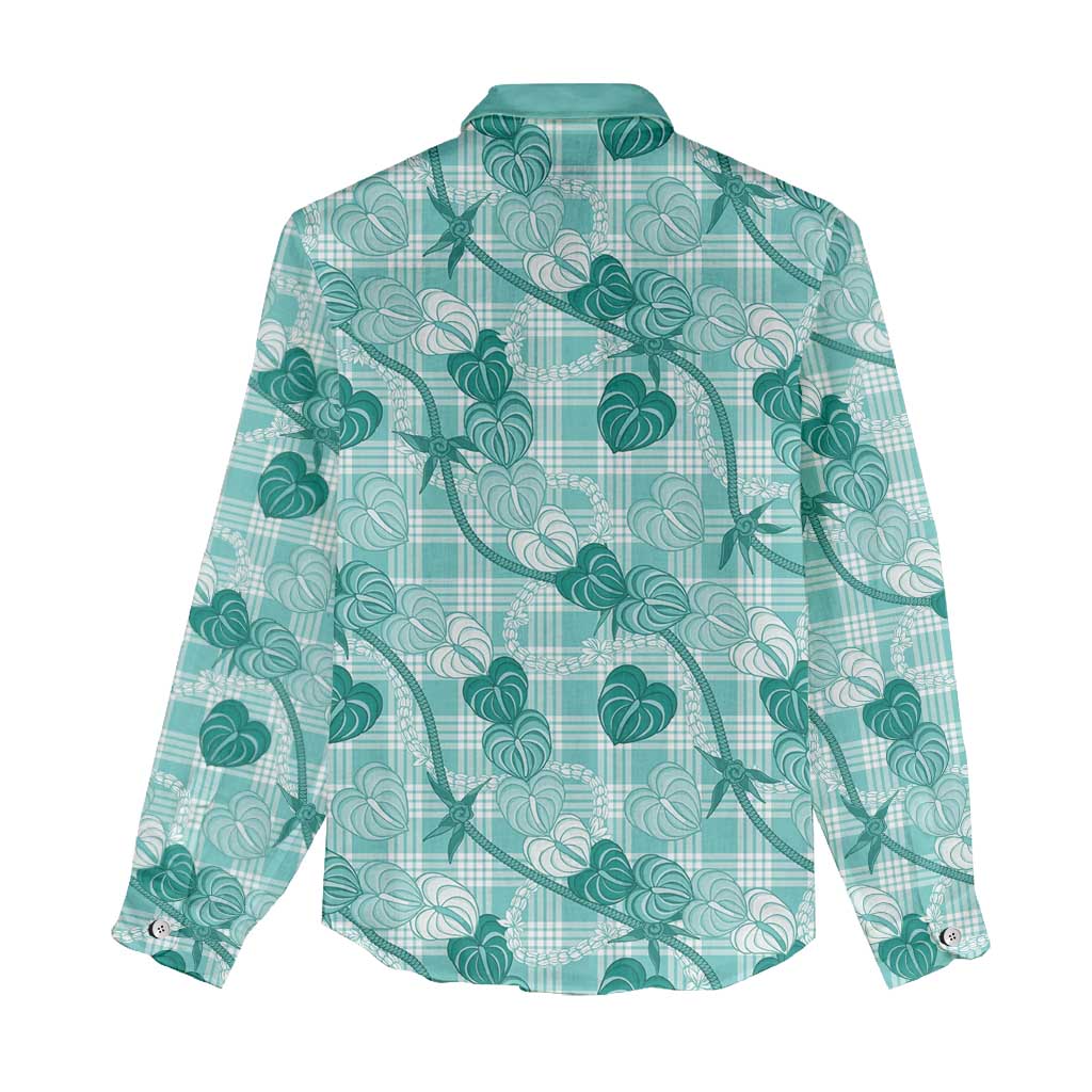 Anthurium Pikake Ti Leaf Palaka Women Casual Shirt Turquoise Version