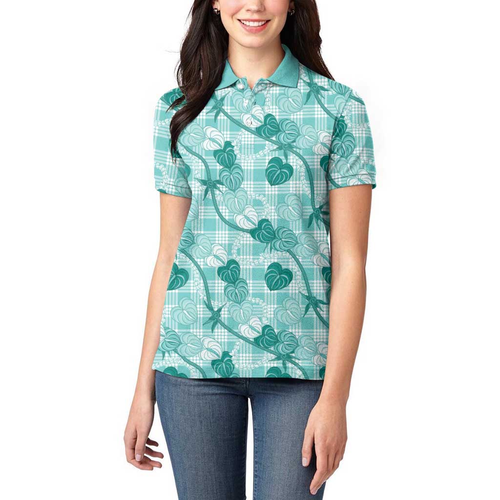 Anthurium Pikake Ti Leaf Palaka Women Polo Shirt Turquoise Version