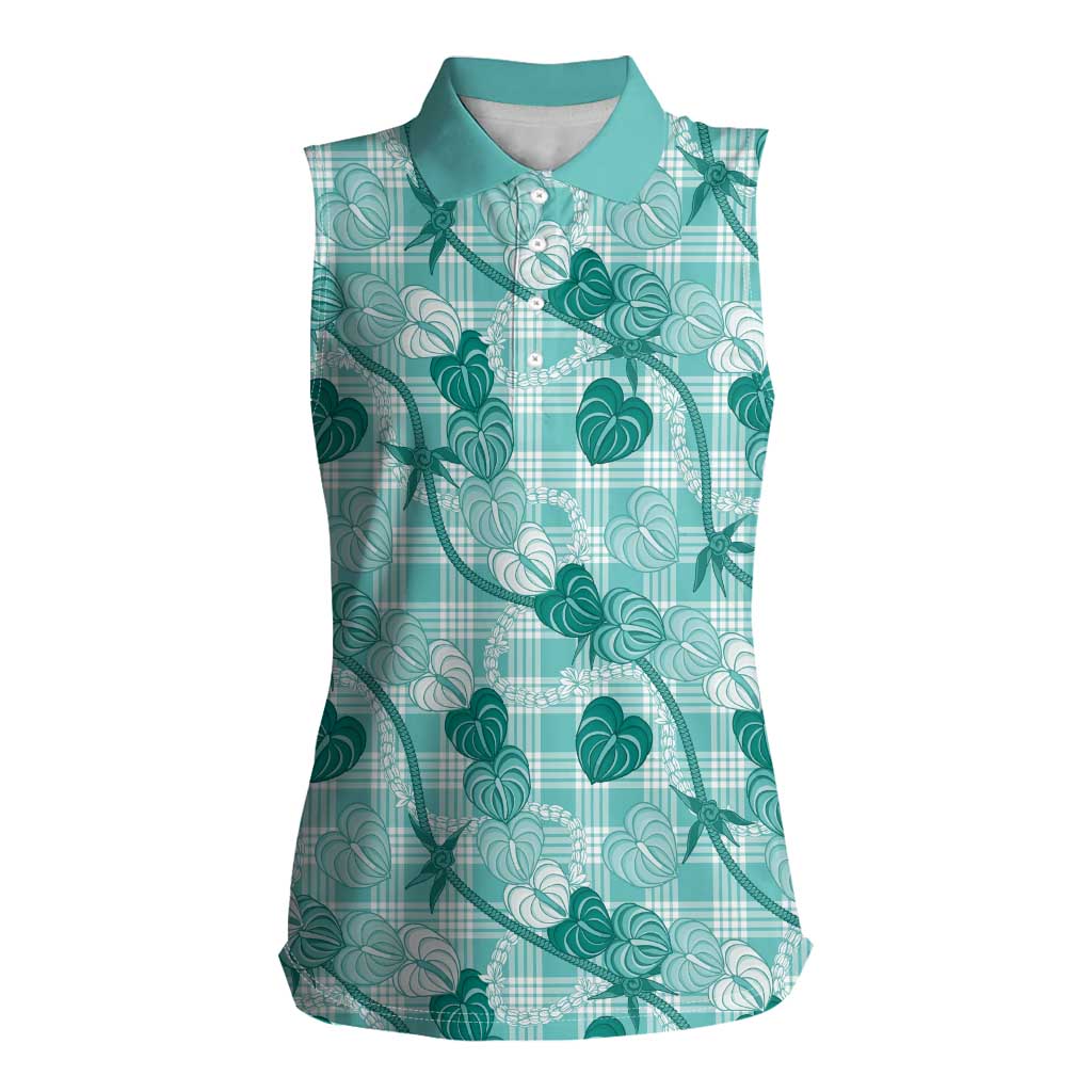 Anthurium Pikake Ti Leaf Palaka Women Sleeveless Polo Shirt Turquoise Version