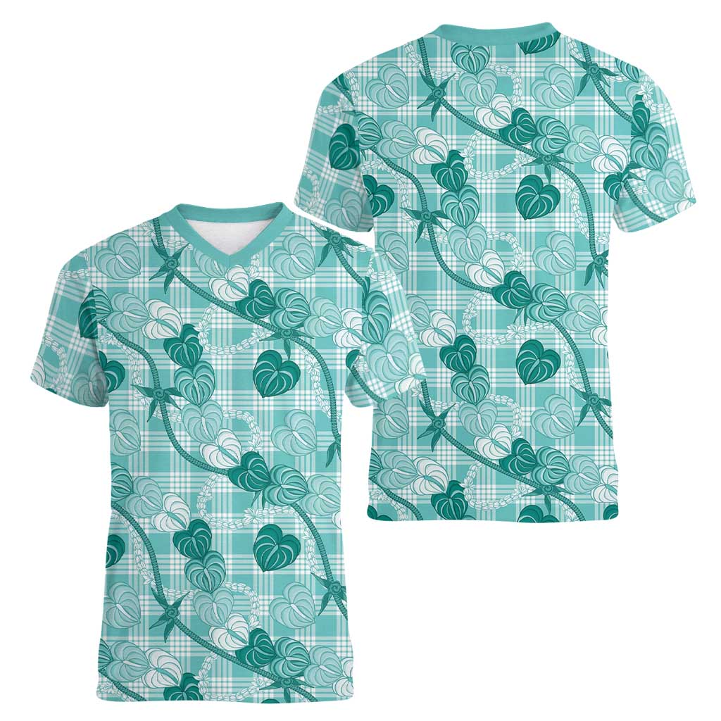 Anthurium Pikake Ti Leaf Palaka Women V-Neck T-Shirt Turquoise Version