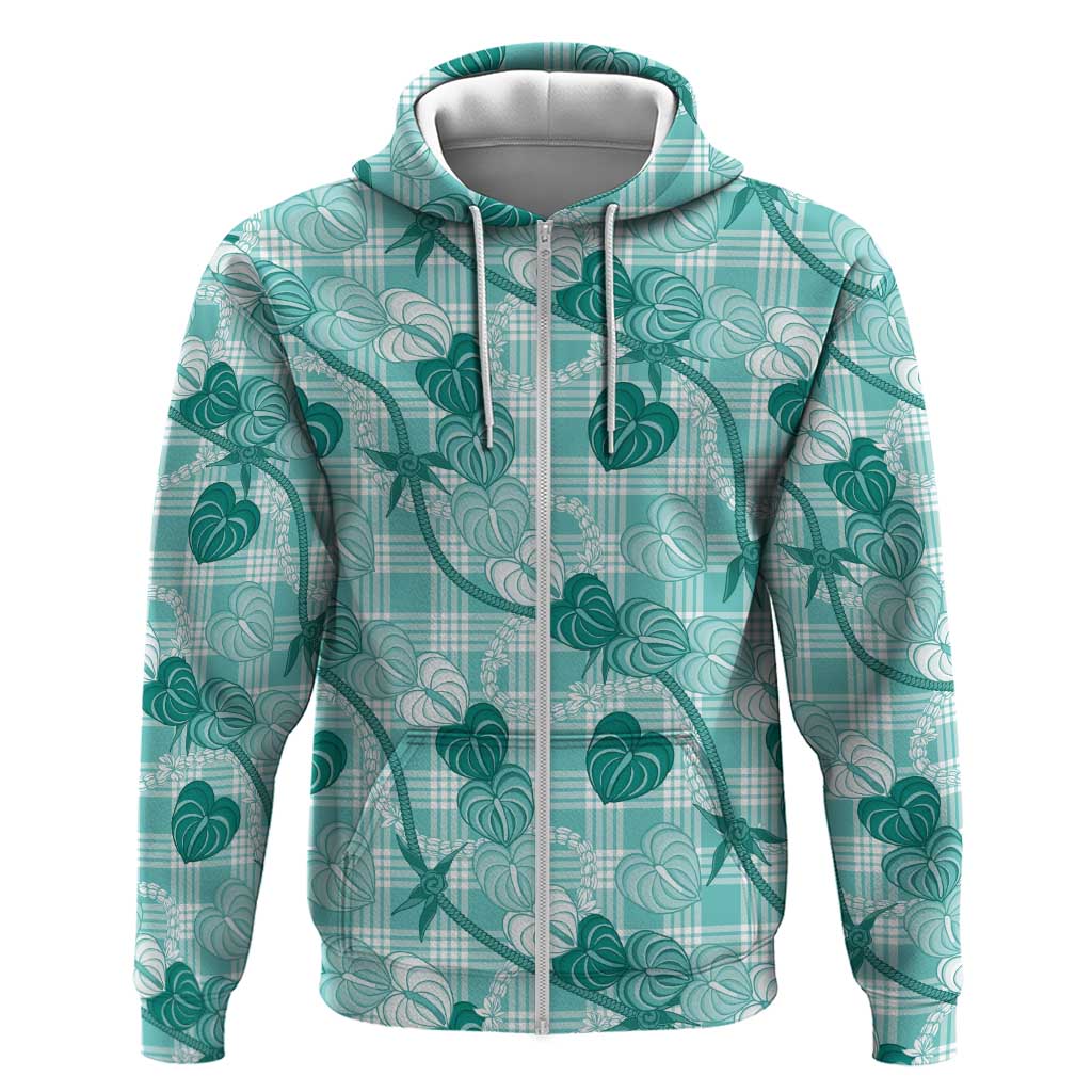 Anthurium Pikake Ti Leaf Palaka Zip Hoodie Turquoise Version
