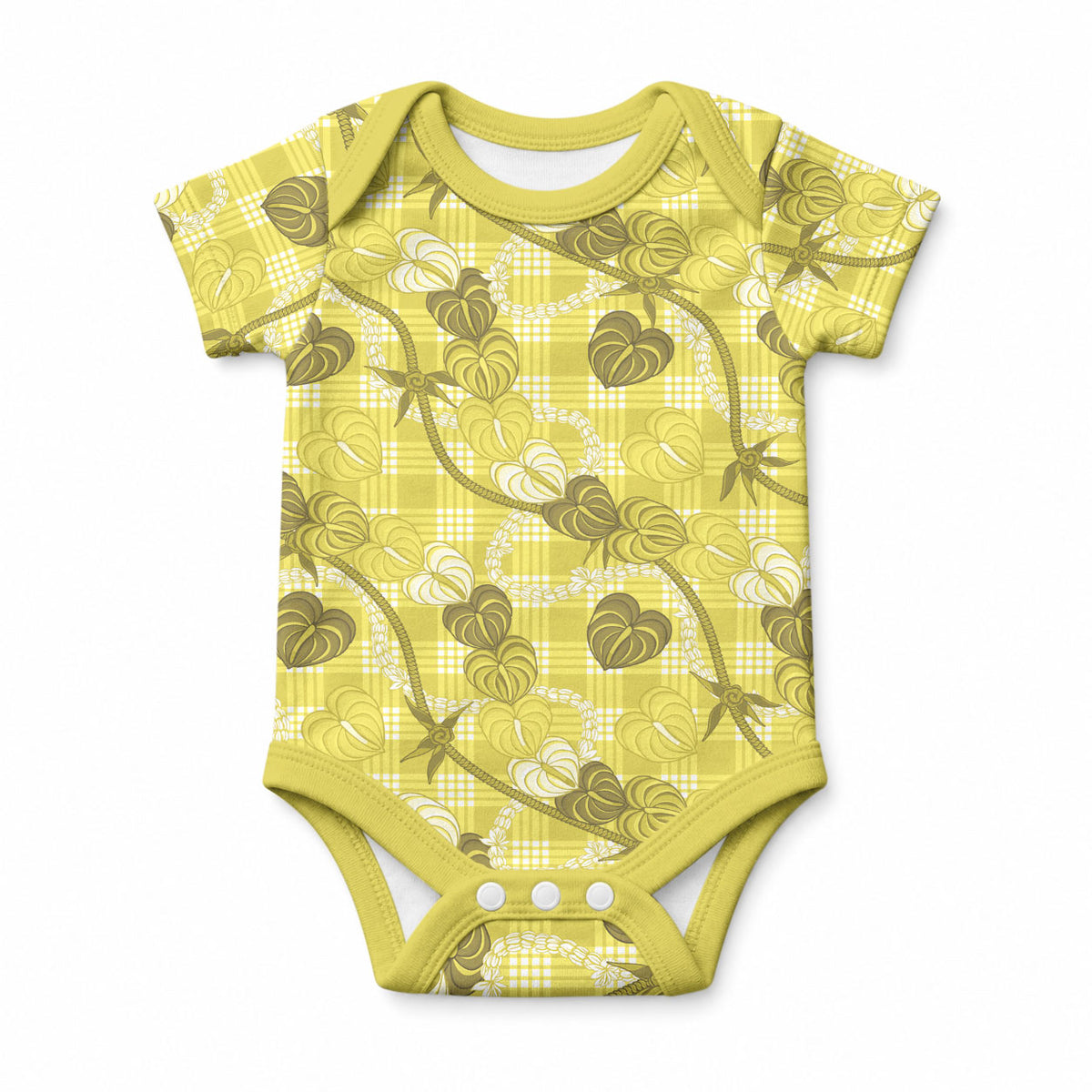 Anthurium Pikake Ti Leaf Palaka Baby Onesie Yellow Version LT01 Yellow - Polynesian Pride