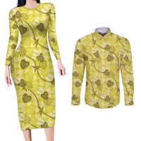 Anthurium Pikake Ti Leaf Palaka Couples Matching Long Sleeve Bodycon Dress and Long Sleeve Button Shirt Yellow Version