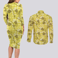 Anthurium Pikake Ti Leaf Palaka Couples Matching Long Sleeve Bodycon Dress and Long Sleeve Button Shirt Yellow Version