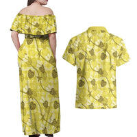 Anthurium Pikake Ti Leaf Palaka Couples Matching Off Shoulder Maxi Dress and Hawaiian Shirt Yellow Version
