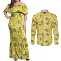 Anthurium Pikake Ti Leaf Palaka Couples Matching Off Shoulder Maxi Dress and Long Sleeve Button Shirt Yellow Version