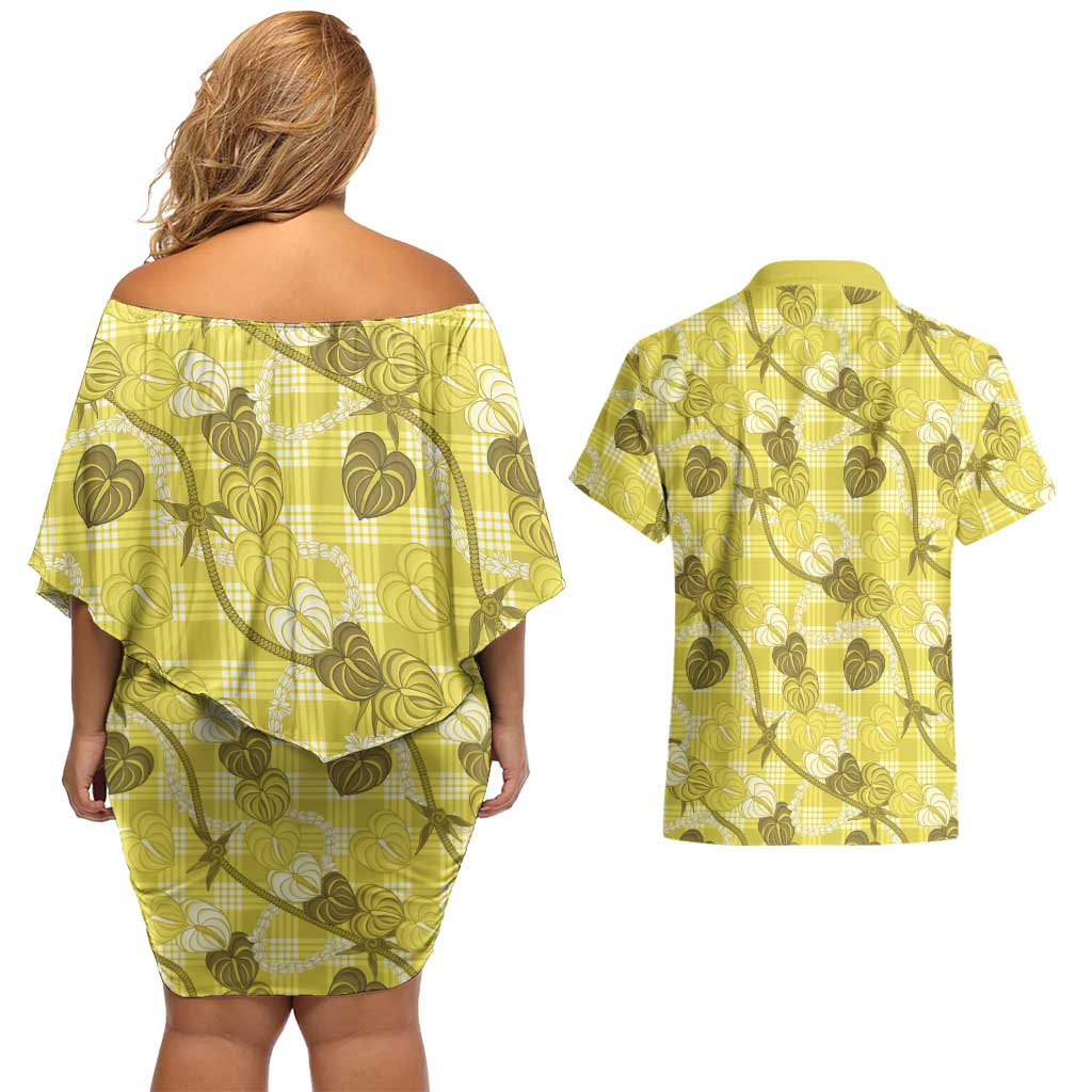 Anthurium Pikake Ti Leaf Palaka Couples Matching Off Shoulder Short Dress and Hawaiian Shirt Yellow Version