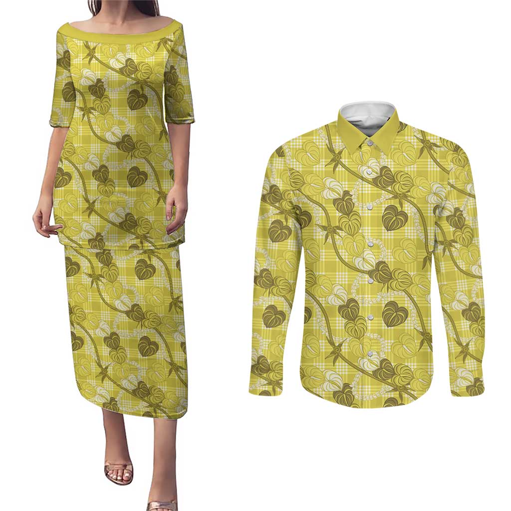 Anthurium Pikake Ti Leaf Palaka Couples Matching Puletasi and Long Sleeve Button Shirt Yellow Version