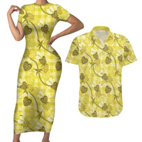 Anthurium Pikake Ti Leaf Palaka Couples Matching Short Sleeve Bodycon Dress and Hawaiian Shirt Yellow Version