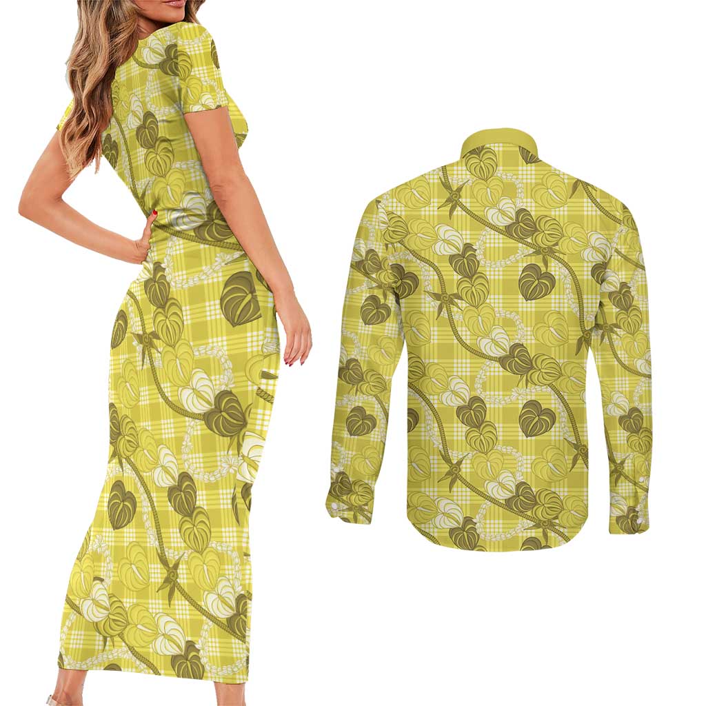 Anthurium Pikake Ti Leaf Palaka Couples Matching Short Sleeve Bodycon Dress and Long Sleeve Button Shirt Yellow Version