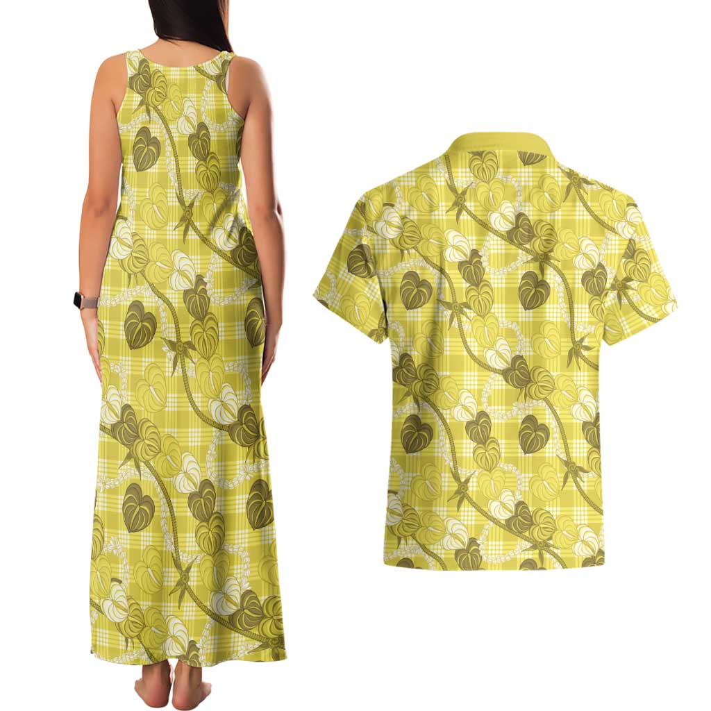 Anthurium Pikake Ti Leaf Palaka Couples Matching Tank Maxi Dress and Hawaiian Shirt Yellow Version