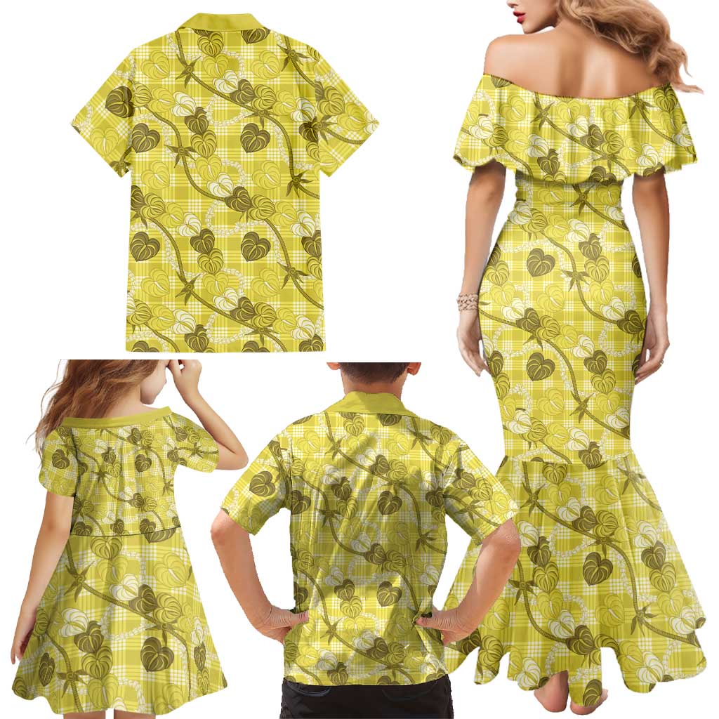 Anthurium Pikake Ti Leaf Palaka Family Matching Mermaid Dress and Hawaiian Shirt Yellow Version
