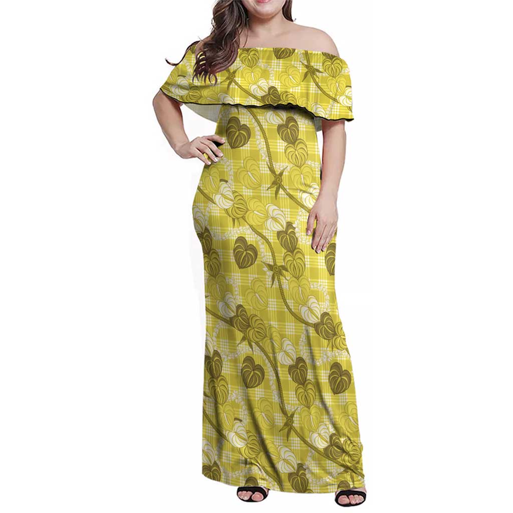 Anthurium Pikake Ti Leaf Palaka Family Matching Off Shoulder Maxi Dress and Hawaiian Shirt Yellow Version