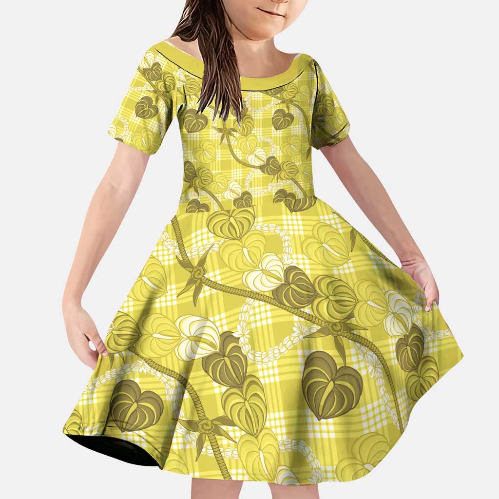 Anthurium Pikake Ti Leaf Palaka Family Matching Short Sleeve Bodycon Dress and Hawaiian Shirt Yellow Version LT01 Daughter's Dress Yellow - Polynesian Pride