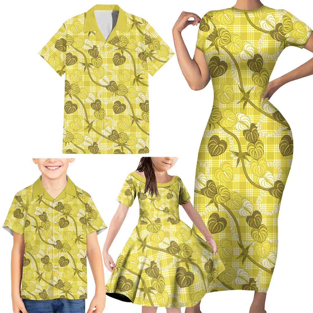 Anthurium Pikake Ti Leaf Palaka Family Matching Short Sleeve Bodycon Dress and Hawaiian Shirt Yellow Version LT01 - Polynesian Pride