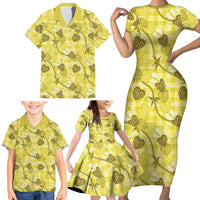 Anthurium Pikake Ti Leaf Palaka Family Matching Short Sleeve Bodycon Dress and Hawaiian Shirt Yellow Version LT01 - Polynesian Pride