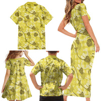 Anthurium Pikake Ti Leaf Palaka Family Matching Short Sleeve Bodycon Dress and Hawaiian Shirt Yellow Version LT01 - Polynesian Pride