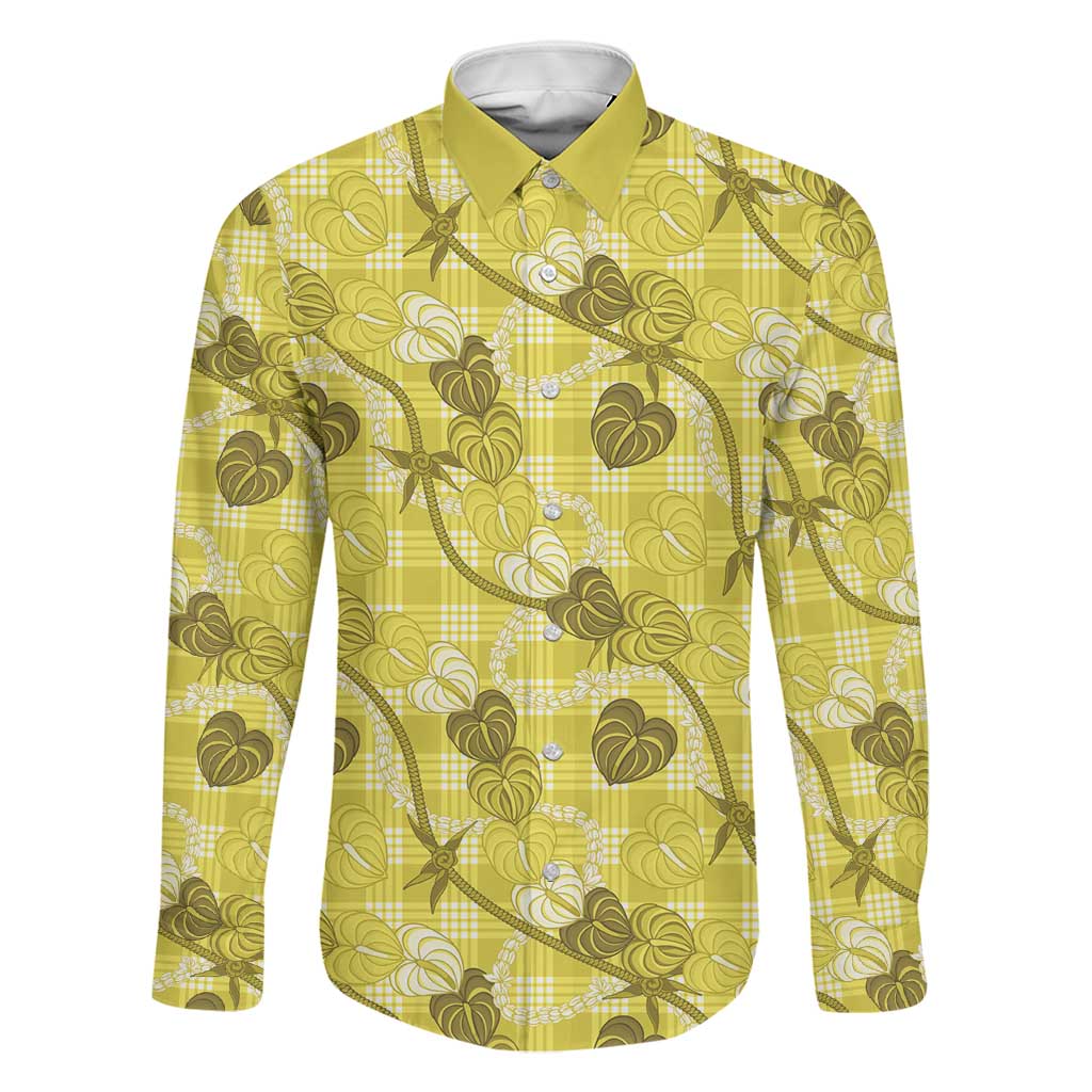 Anthurium Pikake Ti Leaf Palaka Family Matching Short Sleeve Bodycon Dress and Hawaiian Shirt Yellow Version LT01 Dad's Shirt - Long Sleeve Yellow - Polynesian Pride