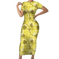 Anthurium Pikake Ti Leaf Palaka Family Matching Short Sleeve Bodycon Dress and Hawaiian Shirt Yellow Version LT01 Mom's Dress Yellow - Polynesian Pride