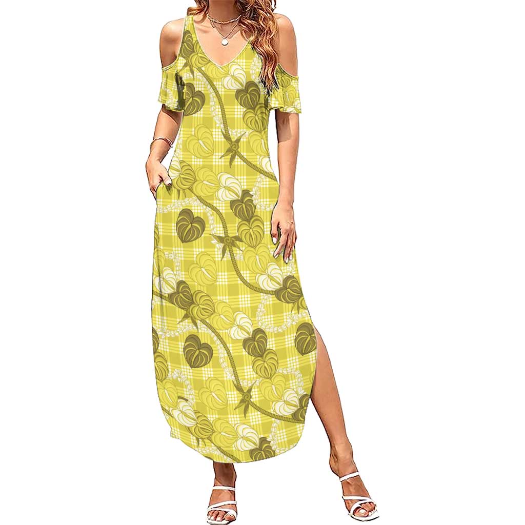 Anthurium Pikake Ti Leaf Palaka Family Matching Summer Maxi Dress and Hawaiian Shirt Yellow Version
