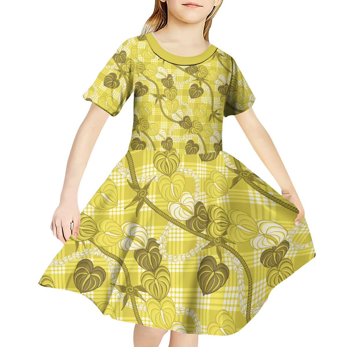 Anthurium Pikake Ti Leaf Palaka Kid Short Sleeve Dress Yellow Version