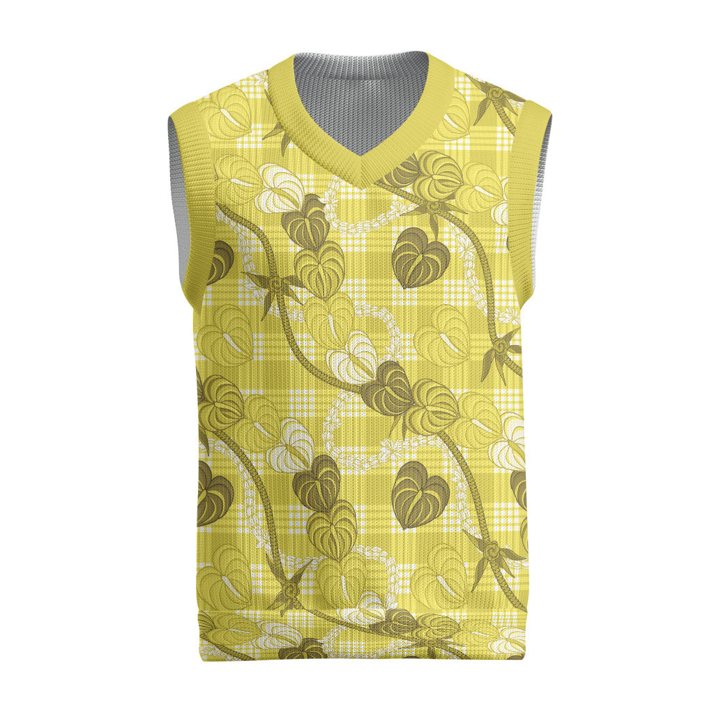 Anthurium Pikake Ti Leaf Palaka Christmas Knitted V-Neck Vest Yellow Version LT01 Yellow - Polynesian Pride