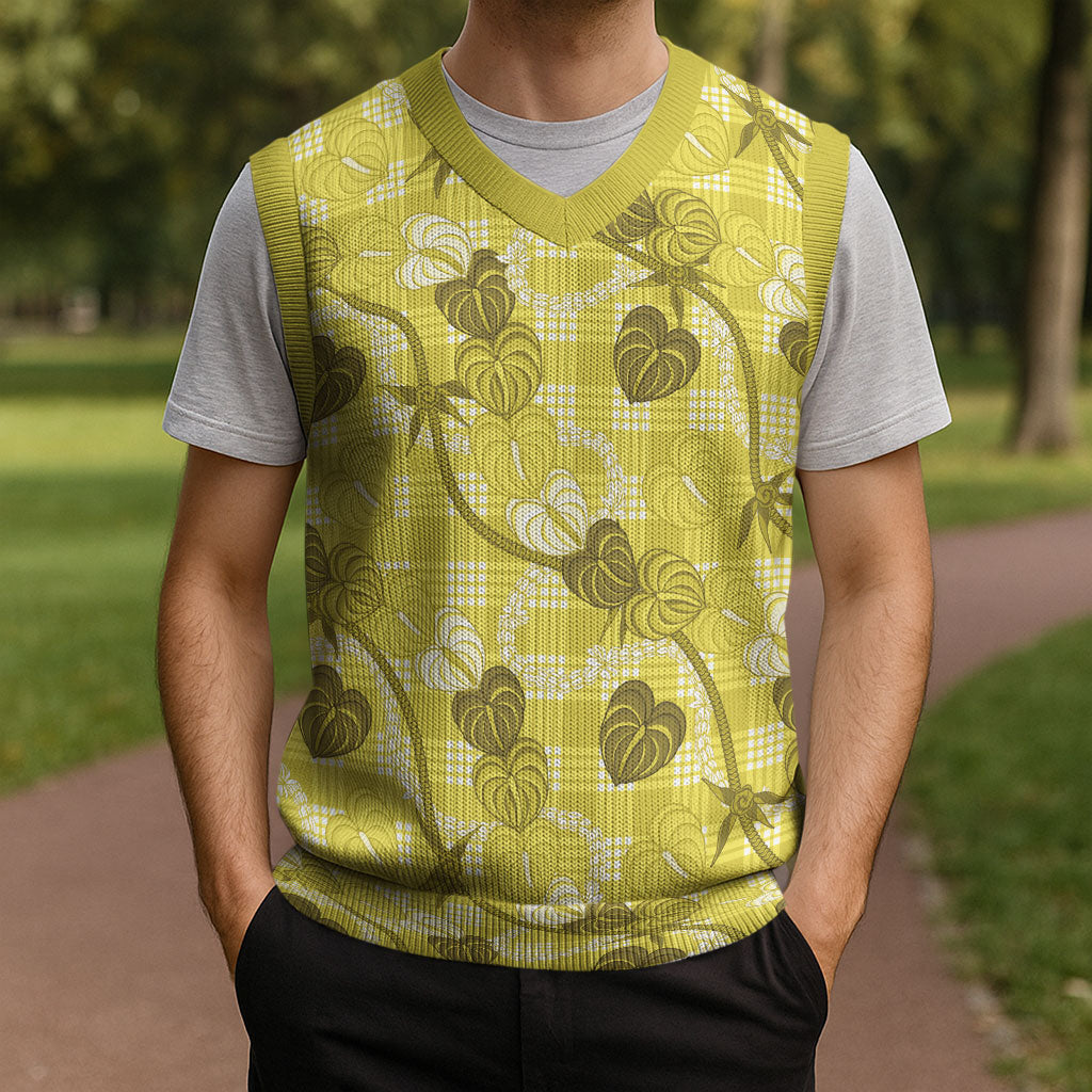 Anthurium Pikake Ti Leaf Palaka Christmas Knitted V-Neck Vest Yellow Version LT01 - Polynesian Pride